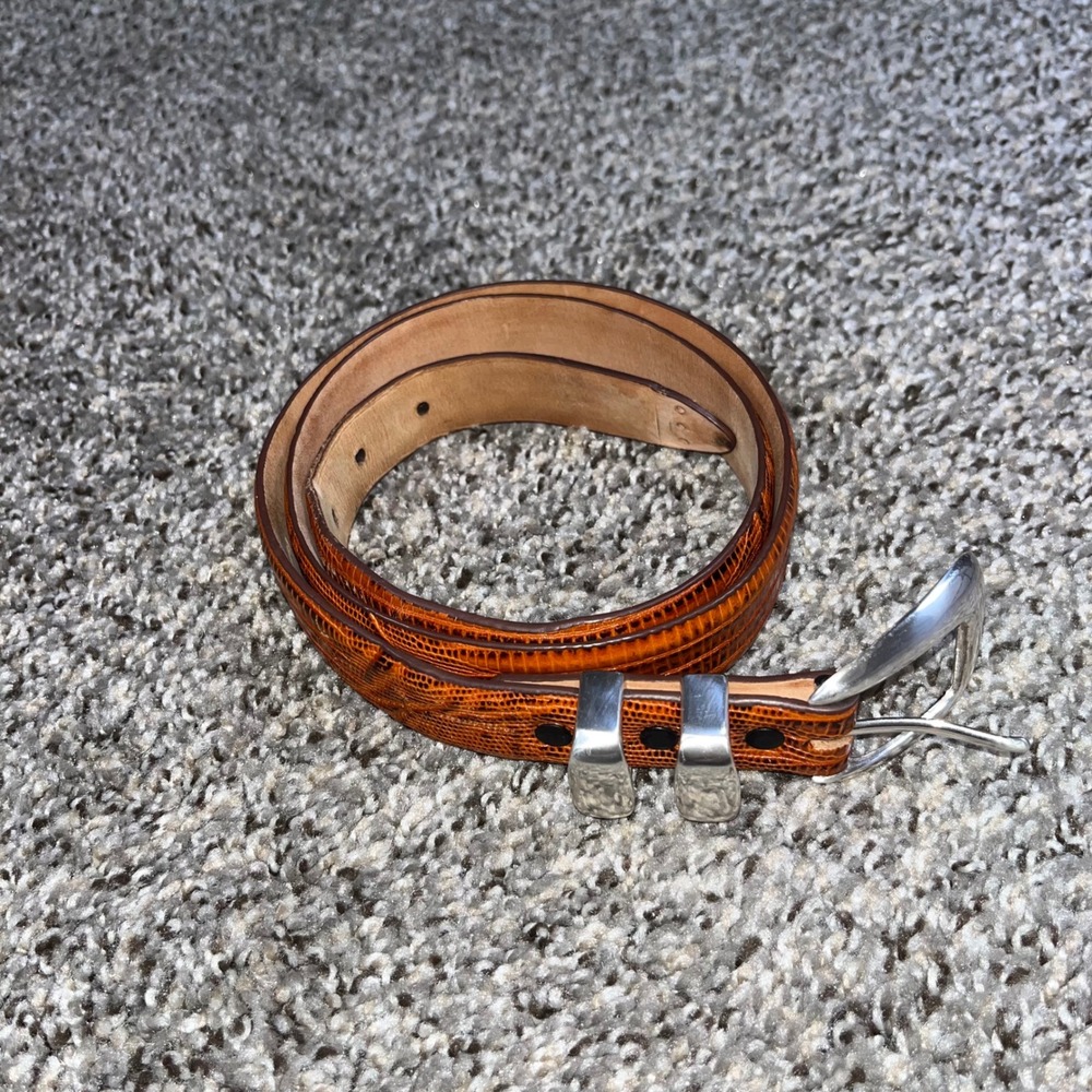 Genuine Italian Calfskin Western Lizard Embossed Leather Belt Cognac Orange 38